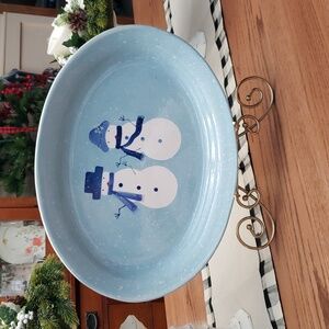 16" x 12" x 2" deep. Winter Snowman Platter.  Ceramic.  Dishwasher safe.